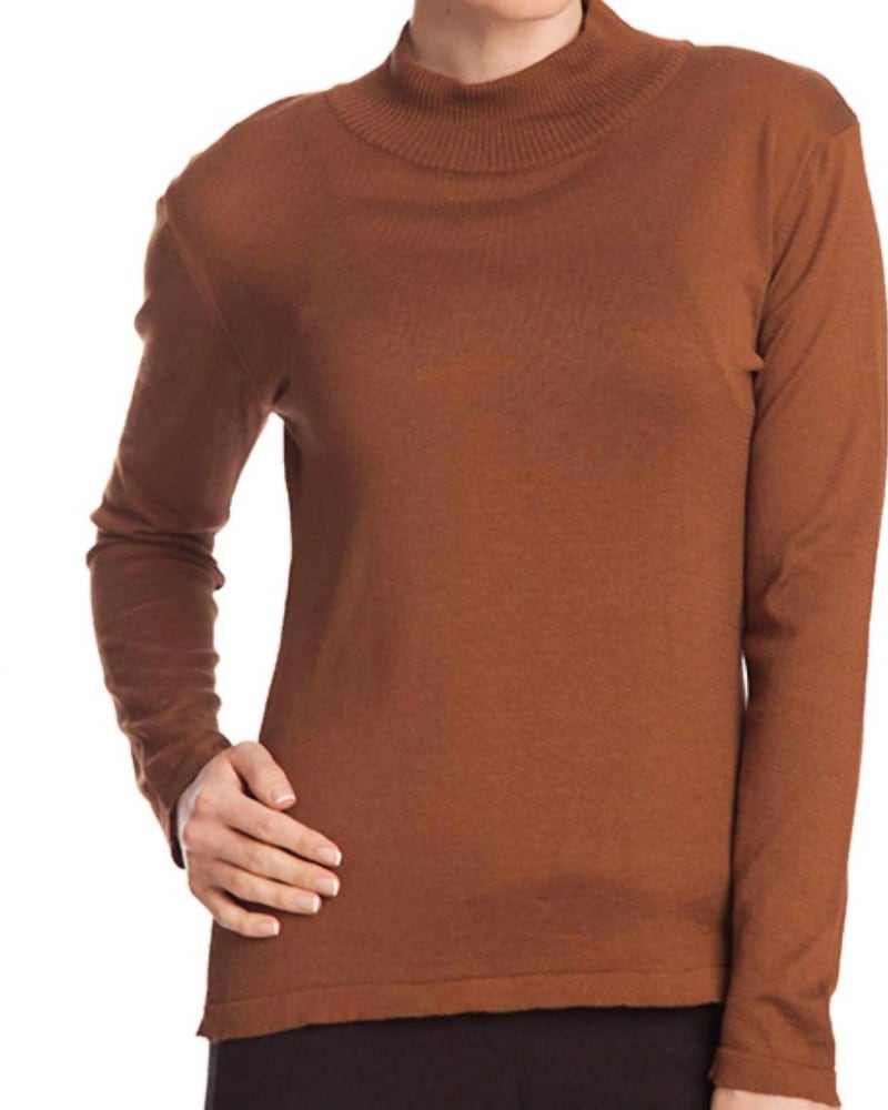 Front of a model wearing a size 3X Long Sleeve Mock Neck Pullover in Mocha in Mocha by ANGEL. | dia_product_style_image_id:327584